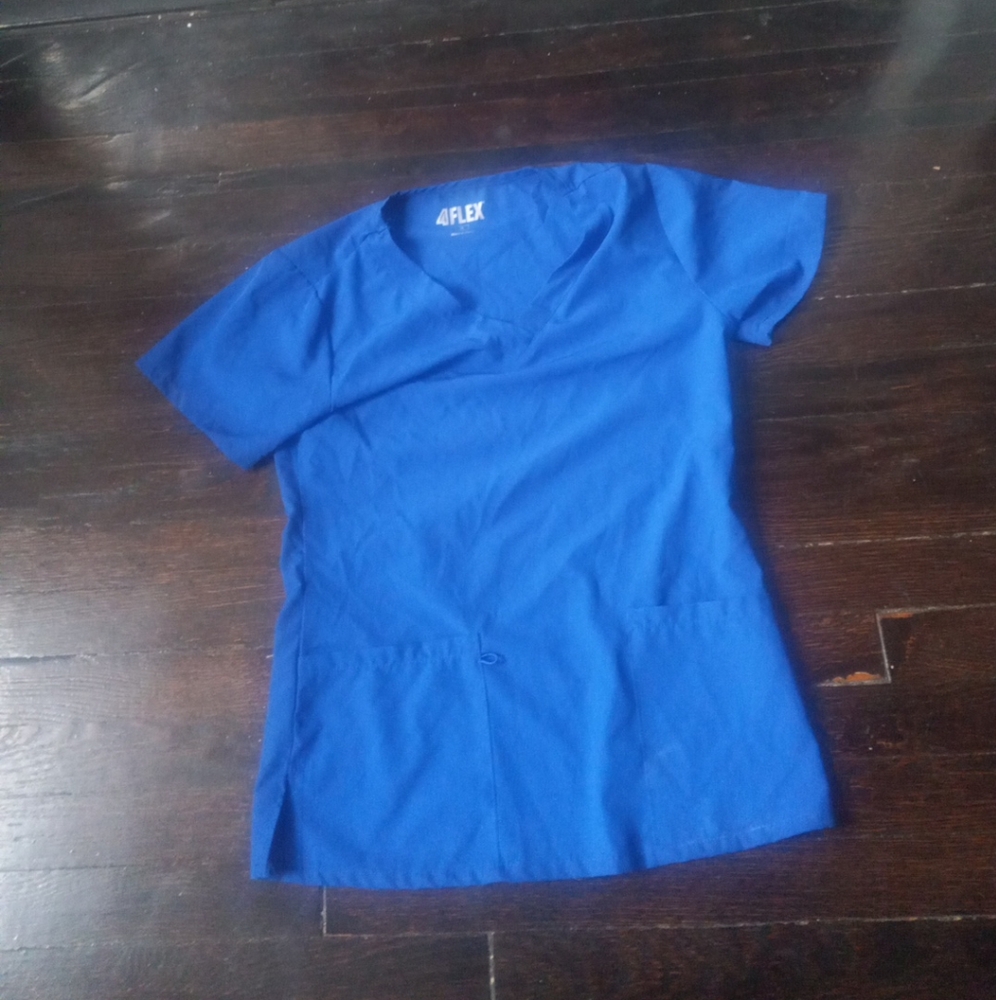 4Flex Womans V Neck Color Blue Scrubs Top Size Small Cozy Comfort Casual